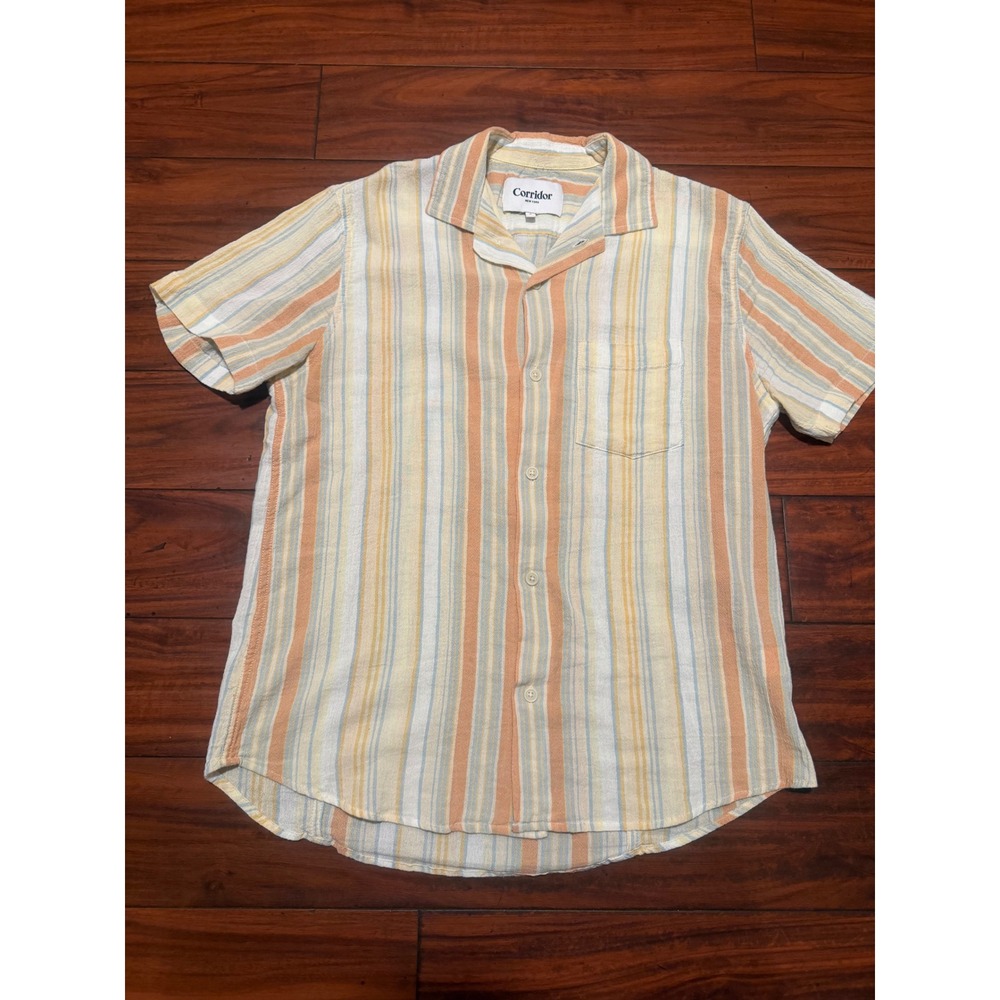 Corridor New York Mens Small Cotton Striped Short Sleeve Camp Collar Shirt